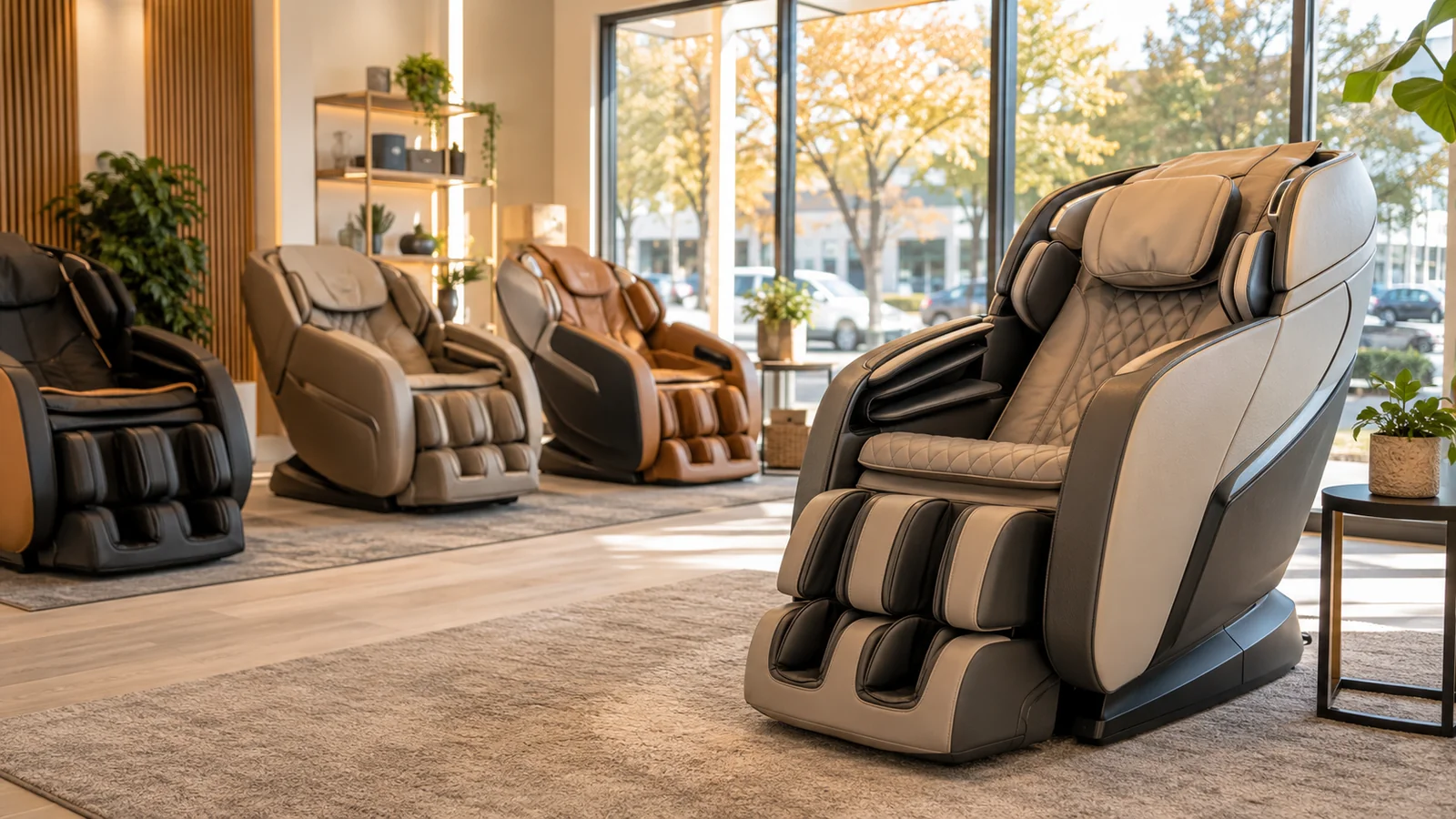 A bright Bay Area showroom with several unbranded massage chairs to test