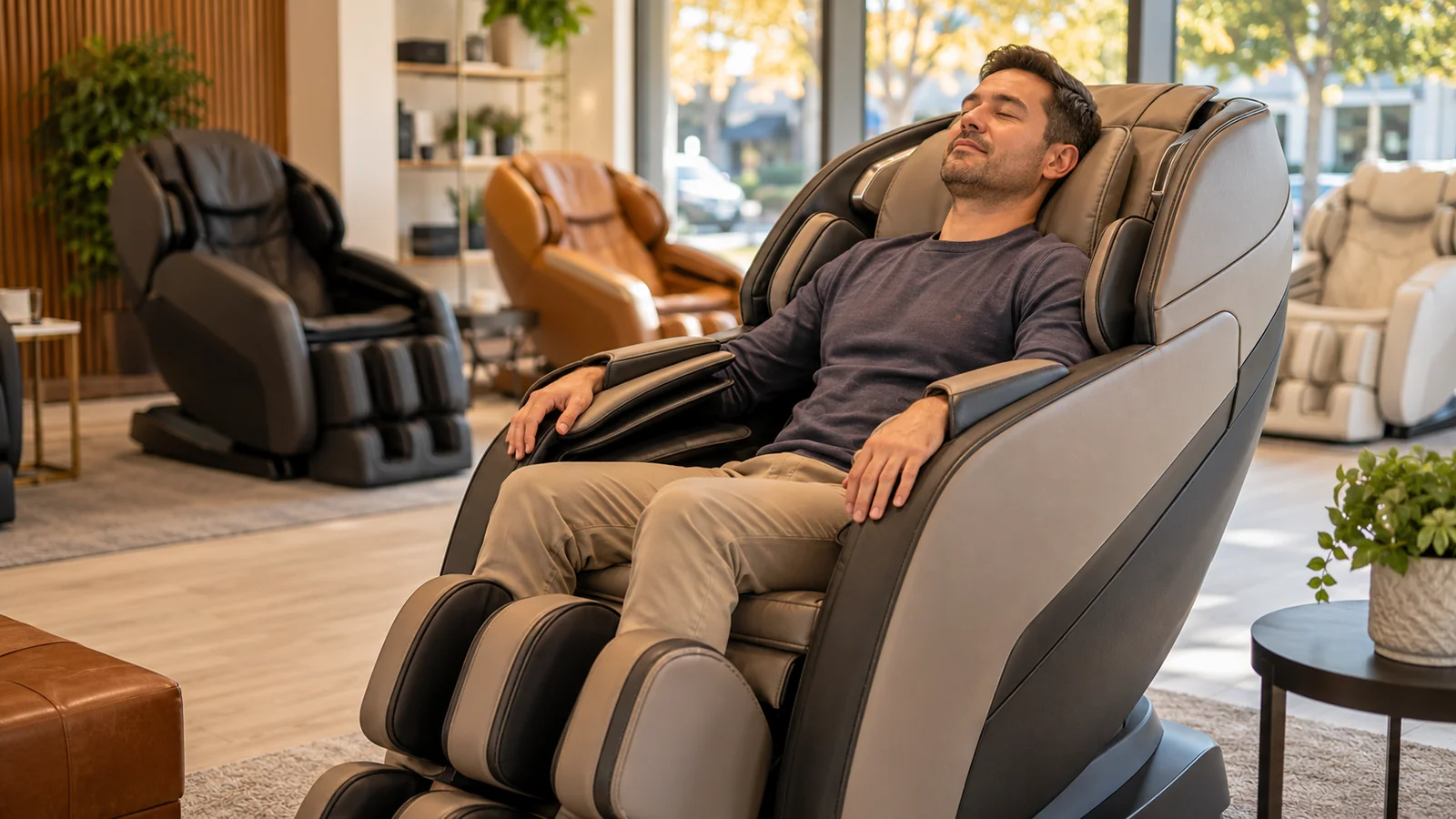 A person testing an unbranded massage chair's fit during a Bay Area showroom visit