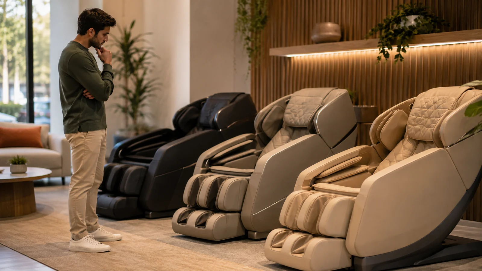 A person comparing several unbranded massage chairs side by side in a showroom