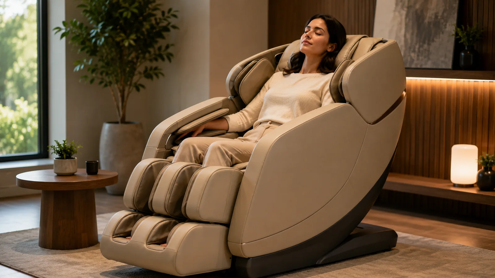A person testing one specific unbranded massage chair to judge how it fits