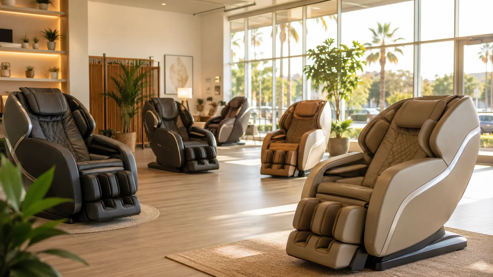 A bright California-style showroom with several unbranded massage chairs to test