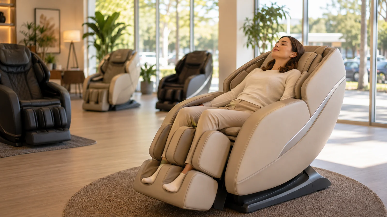 A person reclining and testing an unbranded massage chair unhurried in a showroom