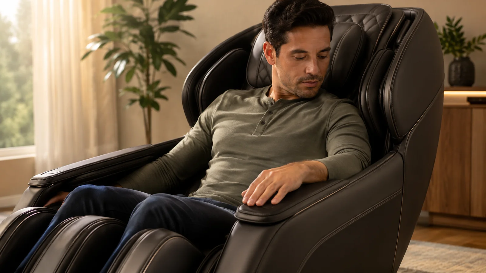 A person settling into a massage chair to test seat, back and recline fit