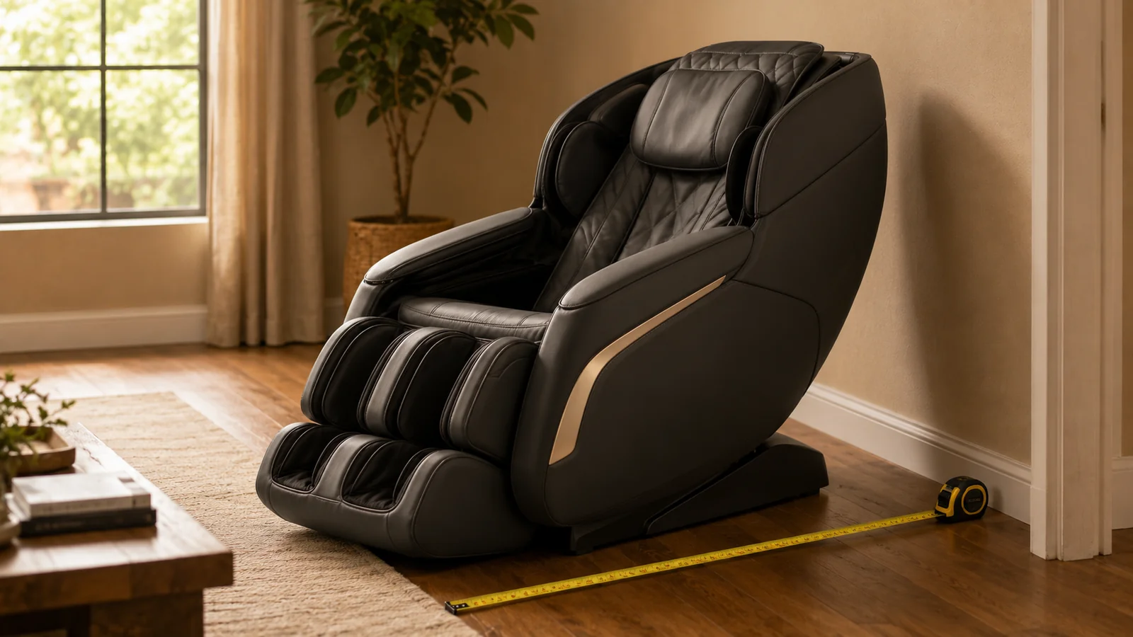A massage chair with a tape measure checking the floor space it needs