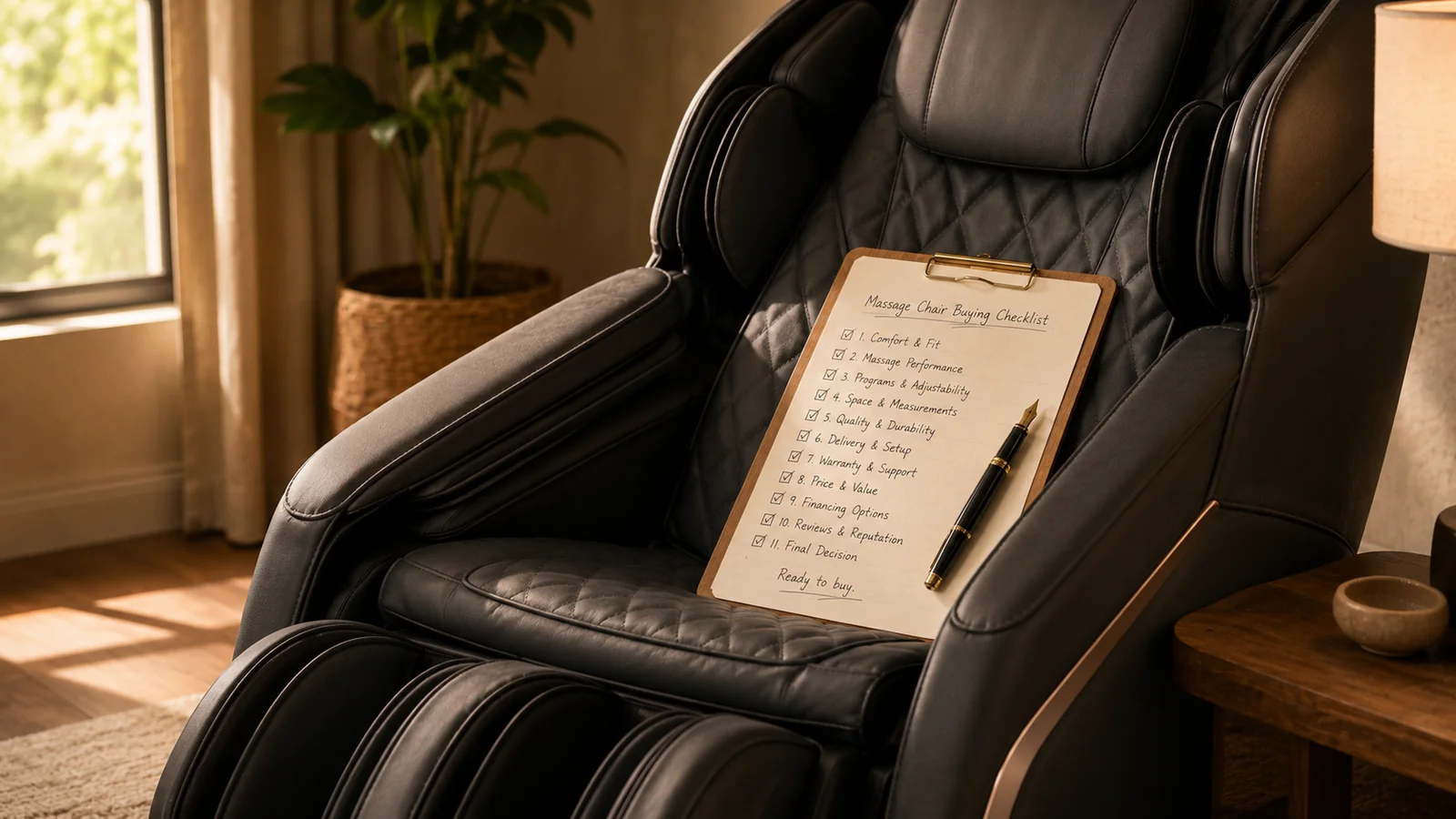 A completed massage chair buying checklist resting on the chair's seat