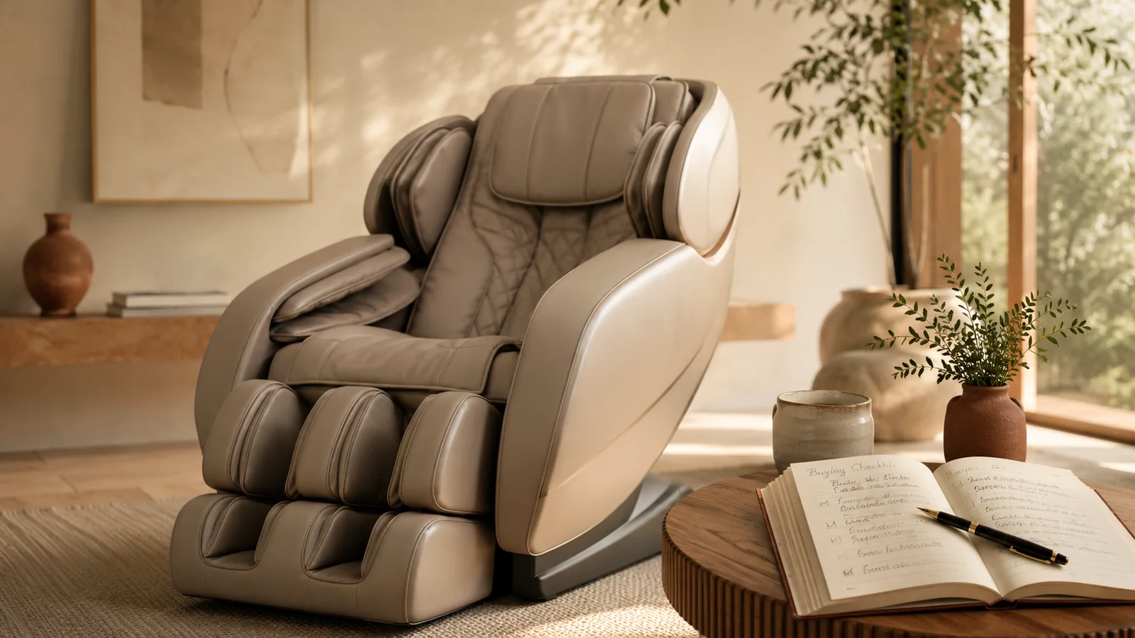 A premium massage chair beside an open massage chair buying checklist and pen