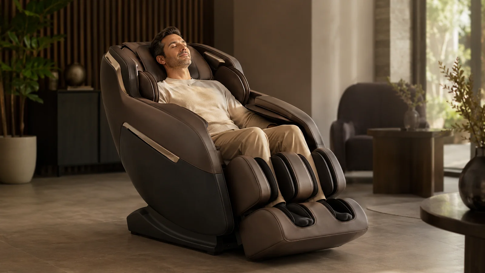 A person reclining and trying a massage chair in a calm showroom setting