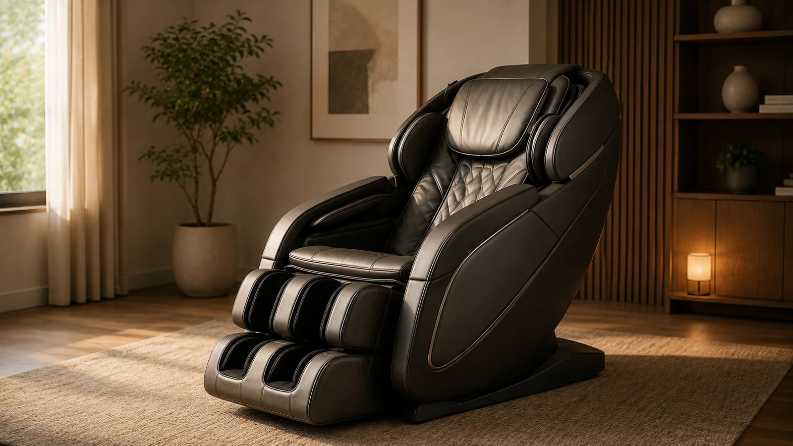 A person resting comfortably in a massage chair, for comfort rather than treatment