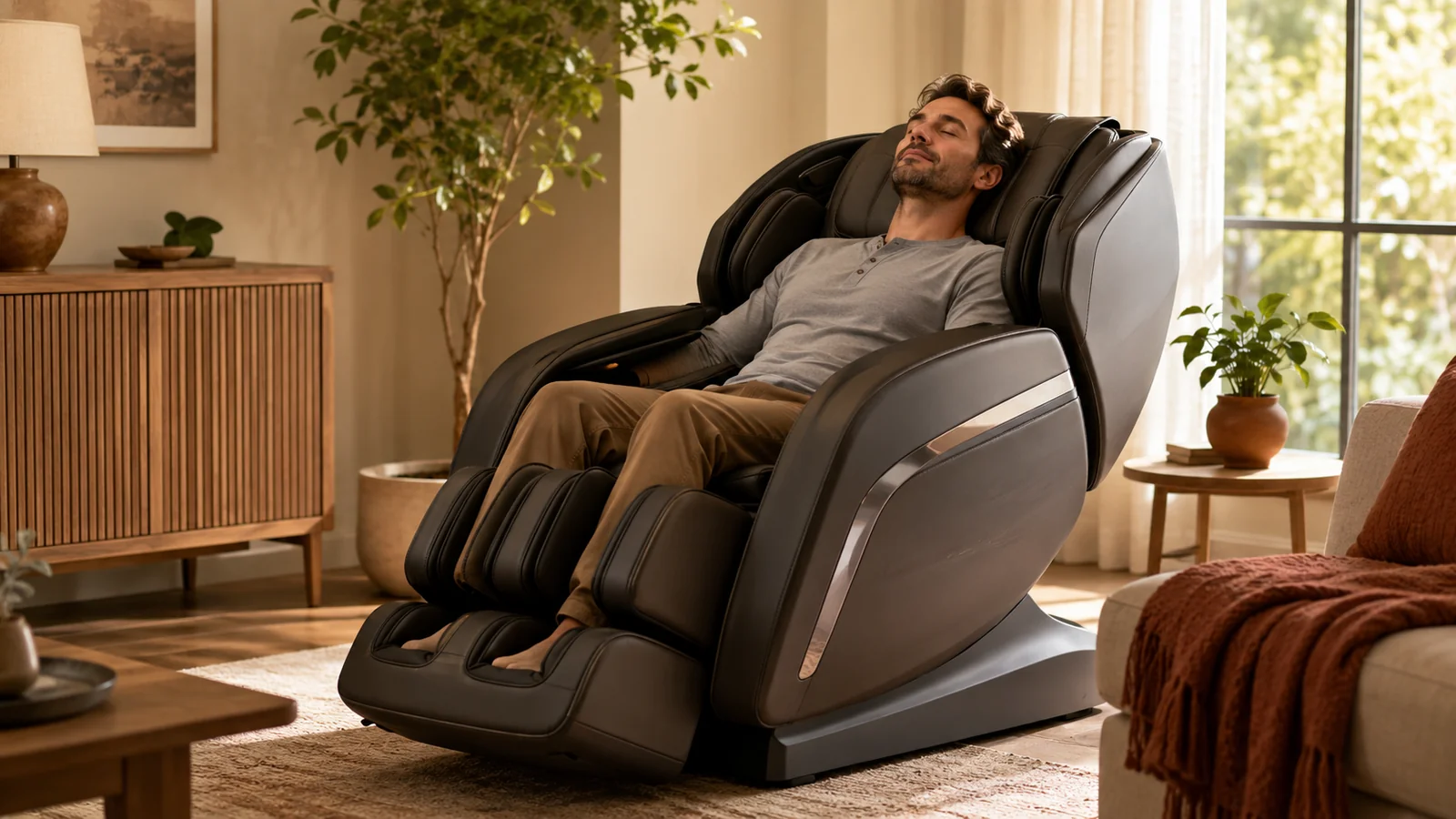 A person relaxing in a premium massage chair at home while considering a high-ticket purchase