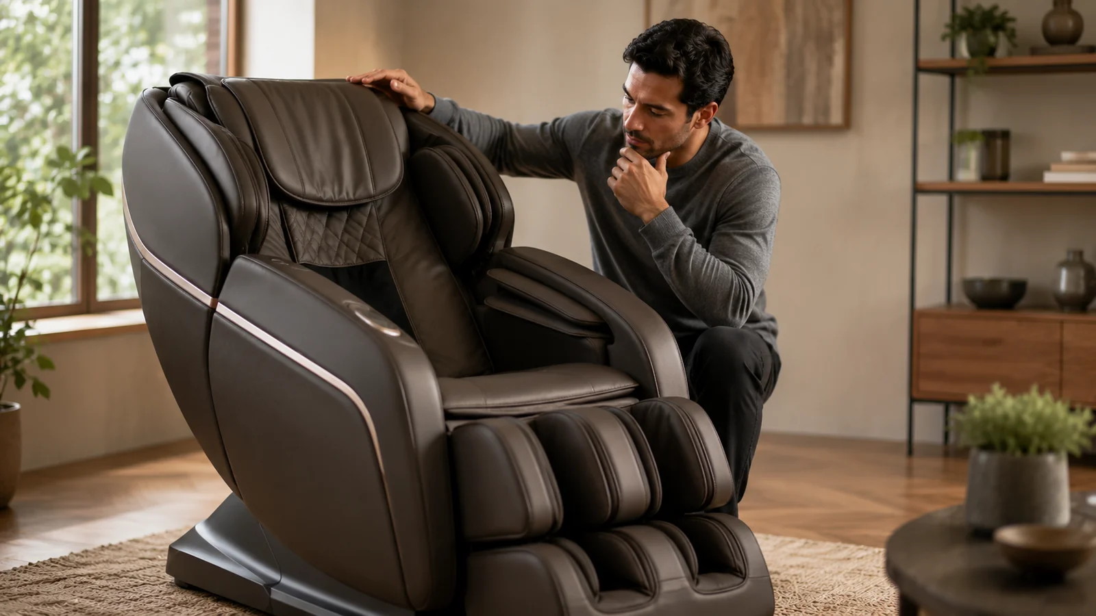 A buyer carefully examining a premium massage chair before deciding where to buy