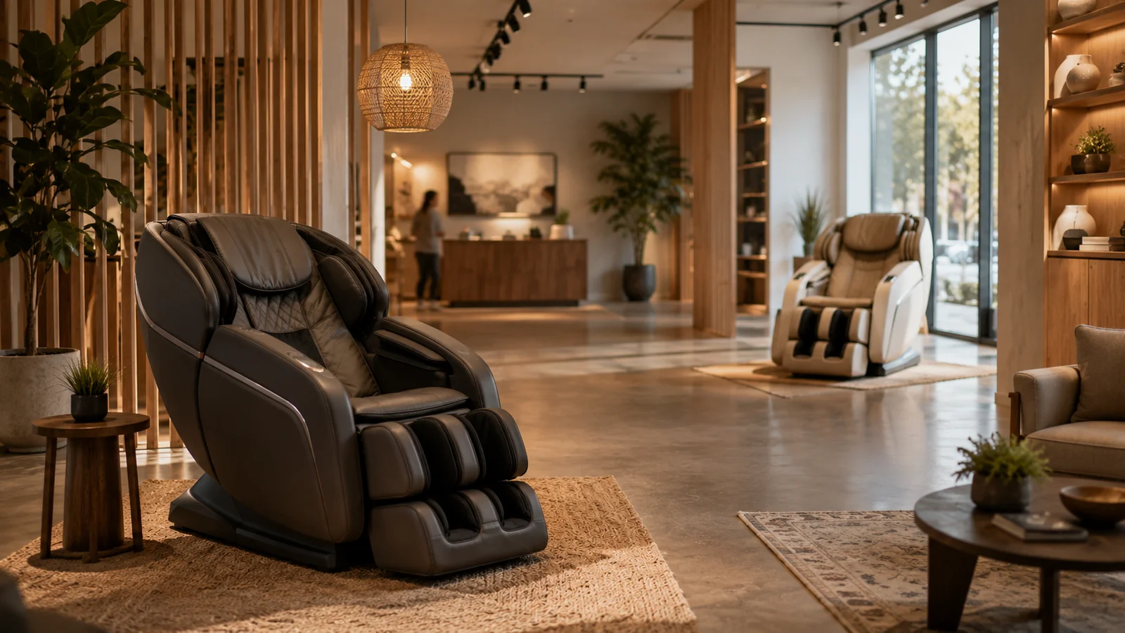 A calm showroom with premium massage chairs to try before buying
