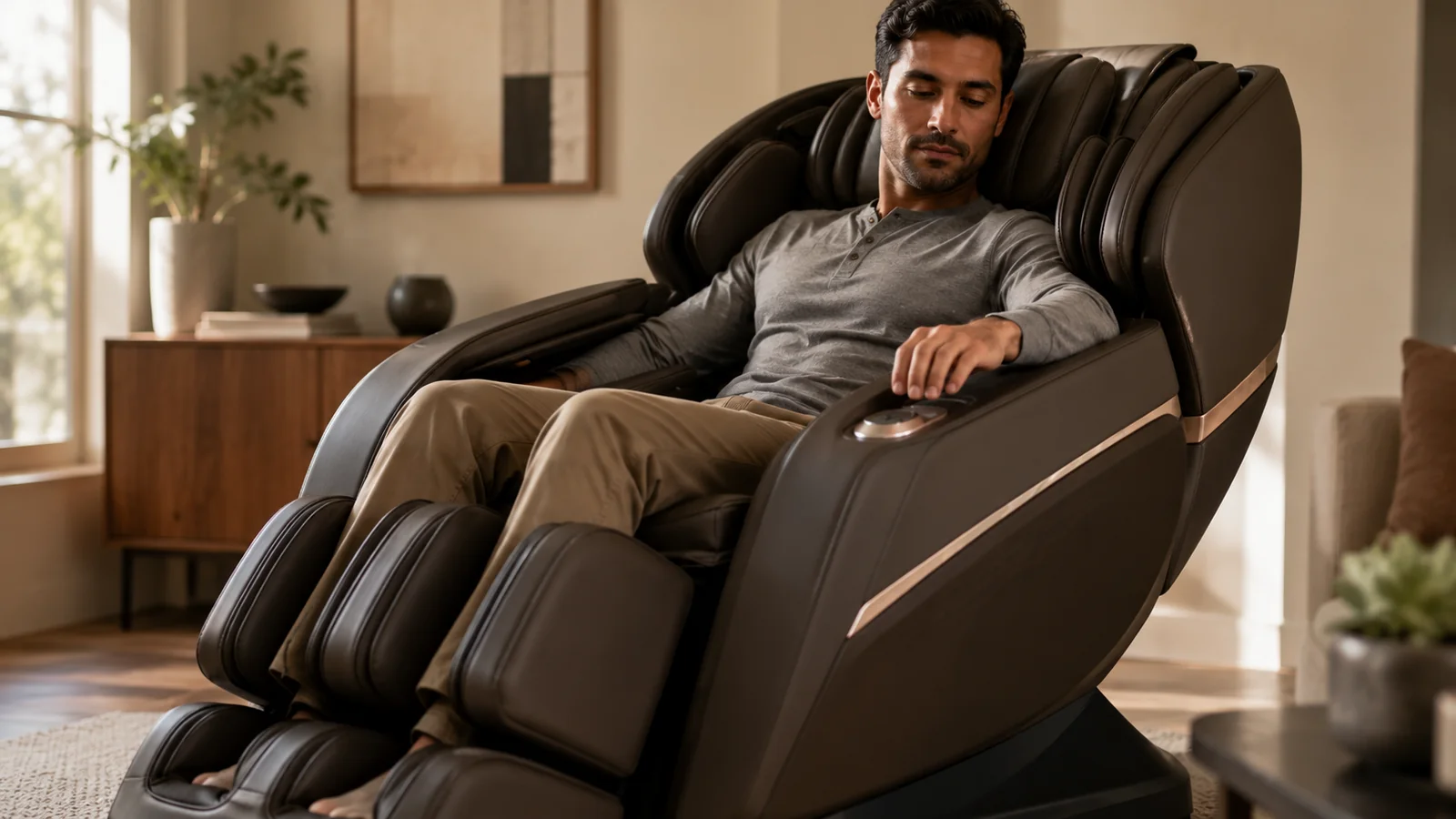 A person reclining in a massage chair with a hand on the armrest controls, testing comfort and fit in person