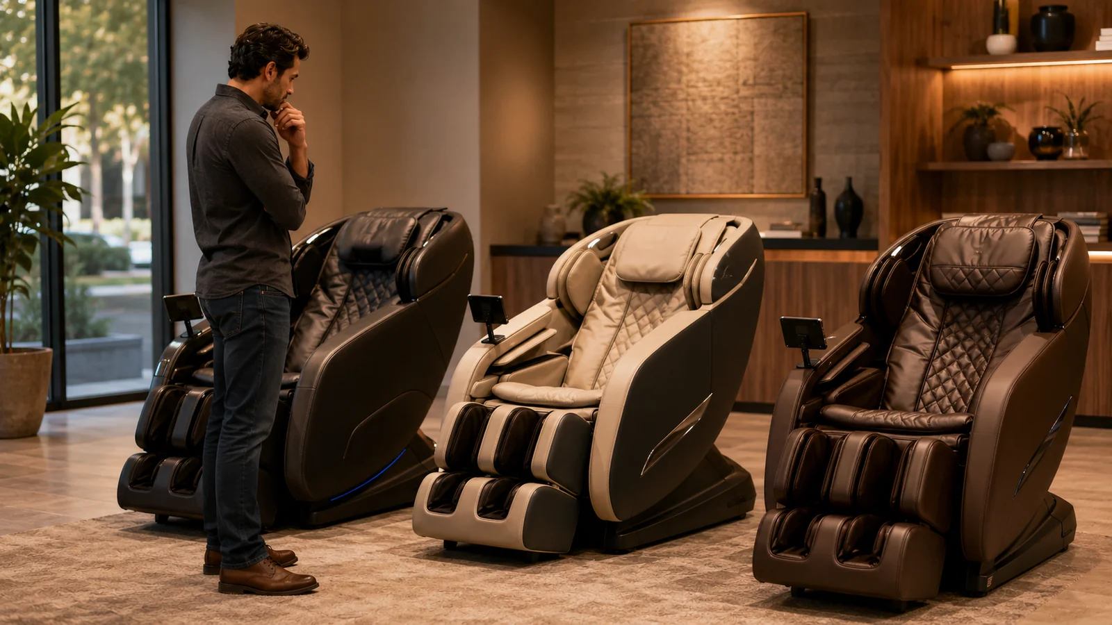 Several unbranded massage chairs side by side for comparison in a showroom