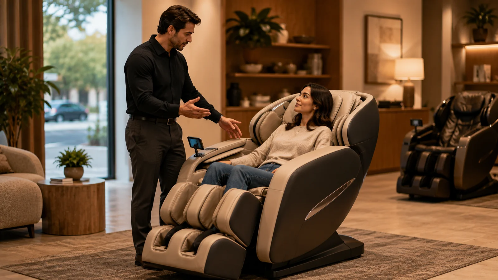 An advisor calmly explaining a massage chair to a seated customer, no pressure