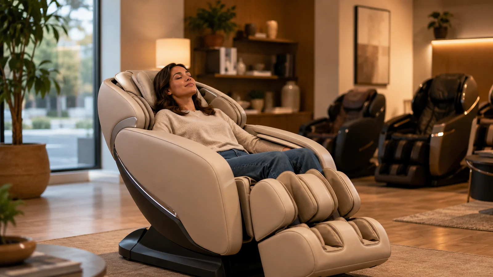 A person freely testing a massage chair in a calm, unhurried showroom