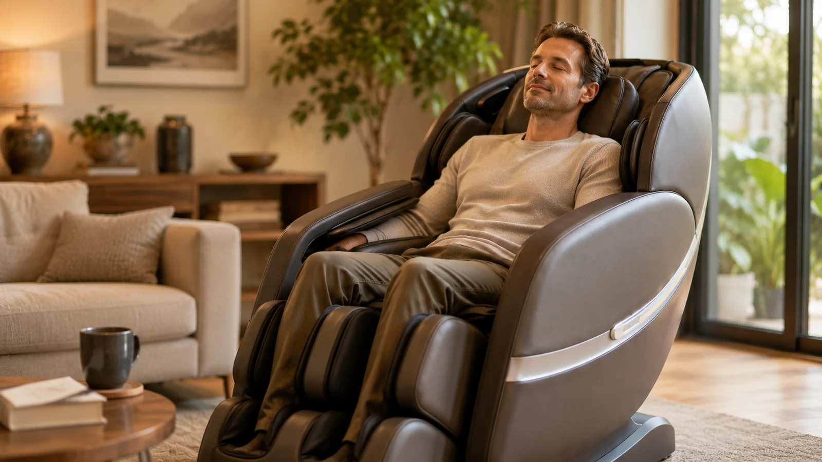A person relaxing comfortably in a massage chair at home