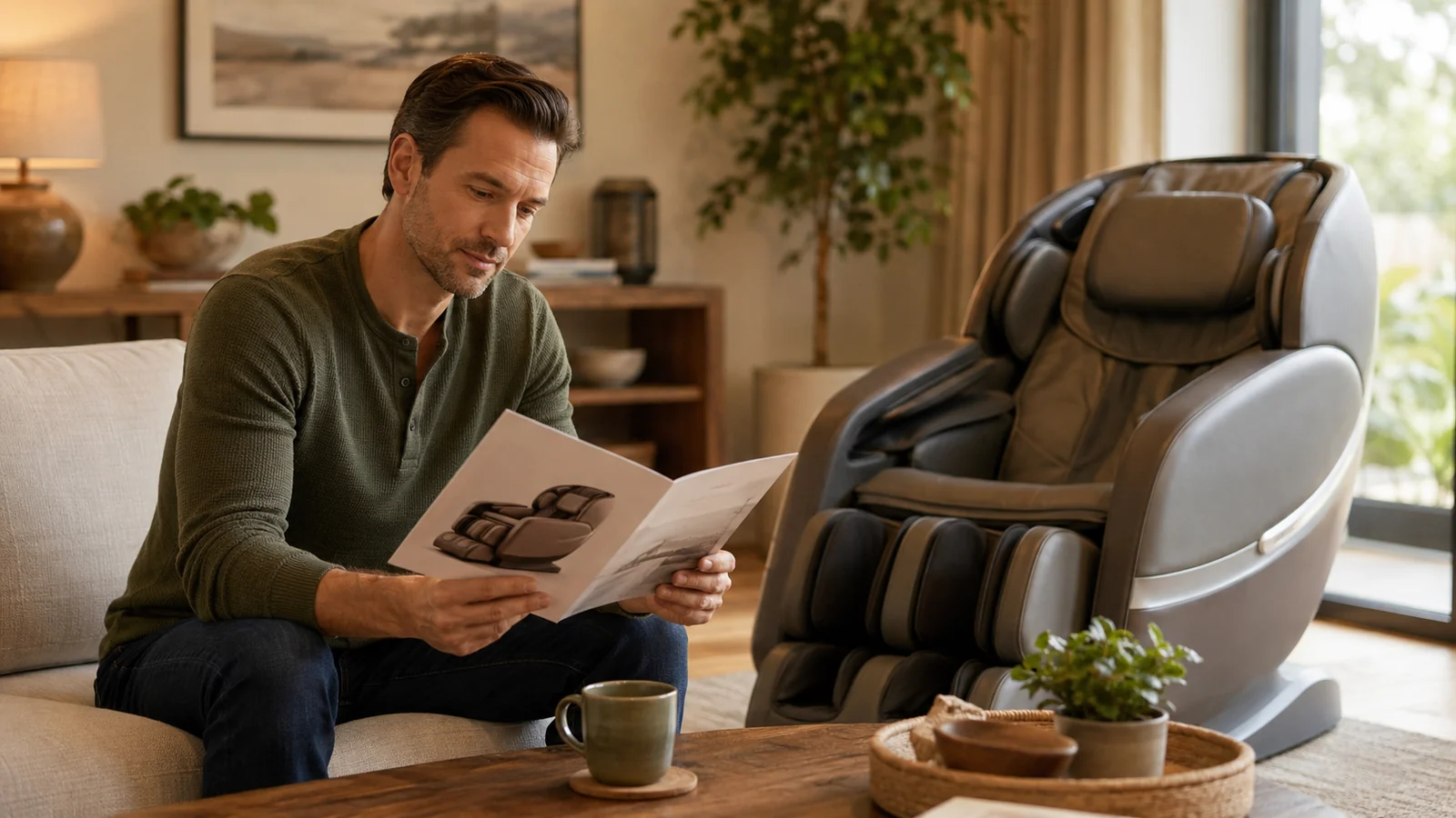 A person calmly reading product wellness claims near a massage chair at home
