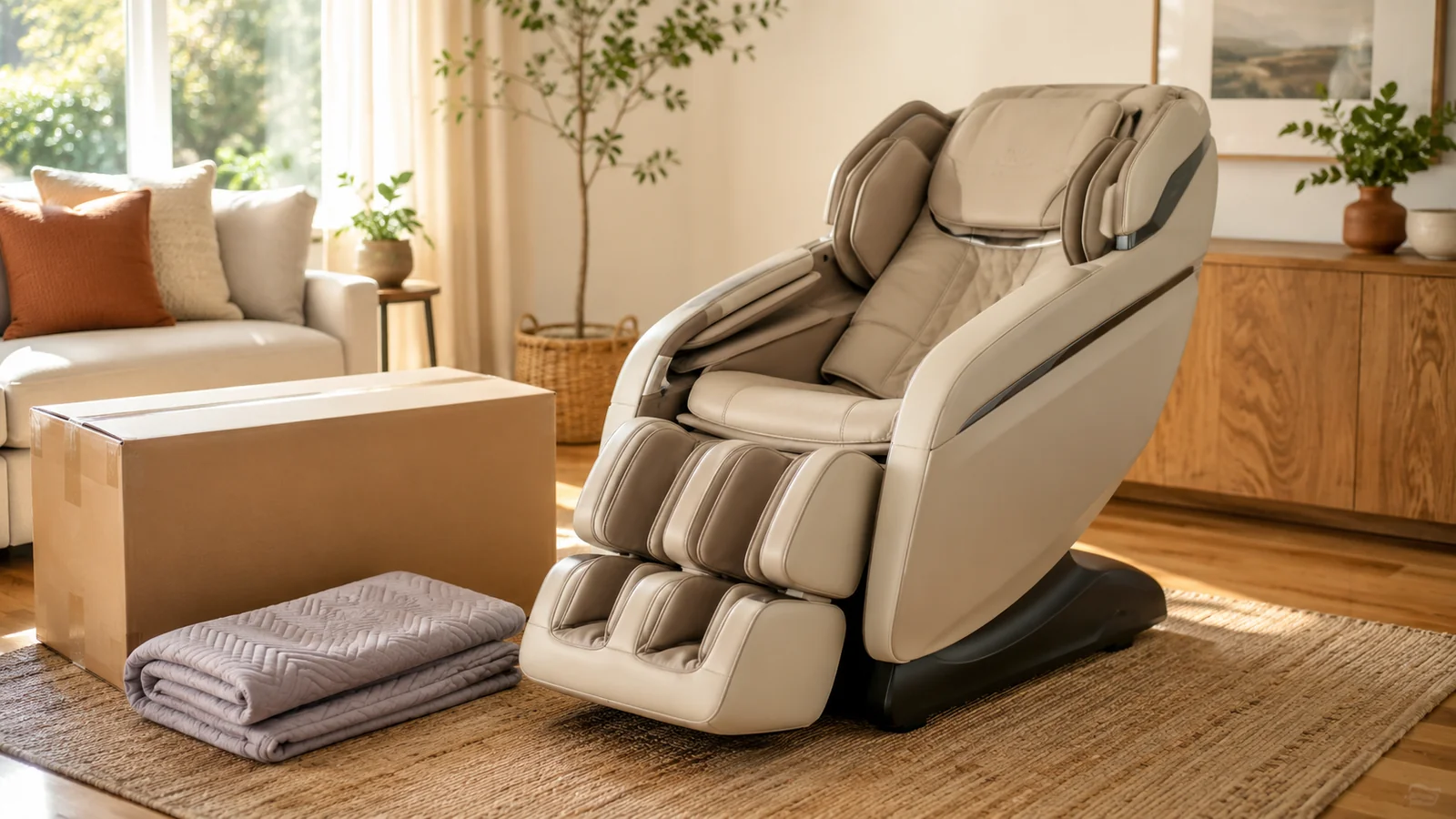 A massage chair newly delivered and unwrapped at home after an online order