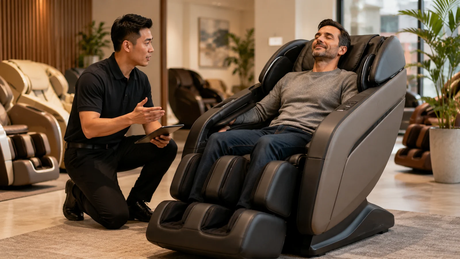 A person testing a massage chair's fit and program in a showroom