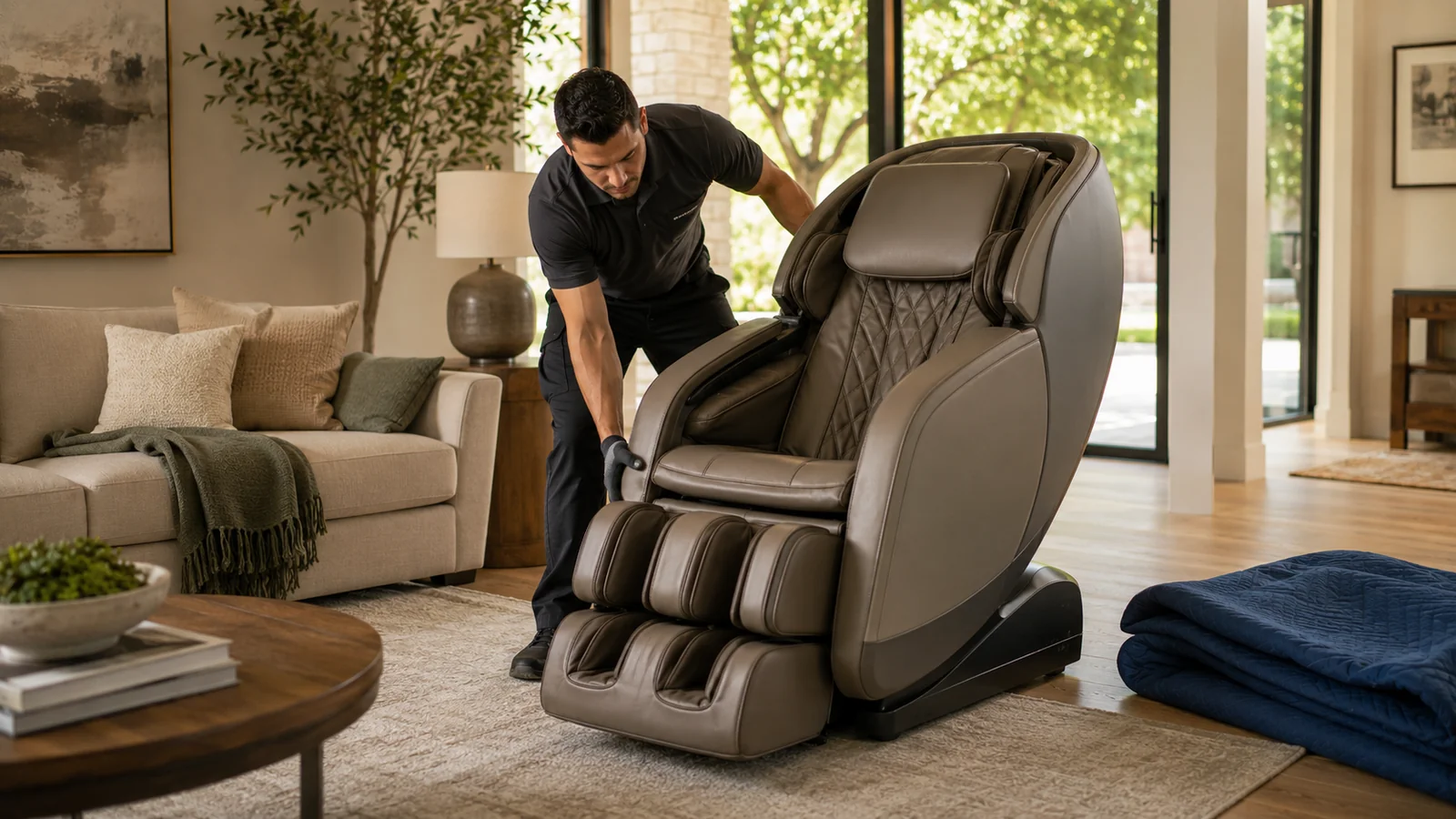 A massage chair being carefully positioned and installed in a home
