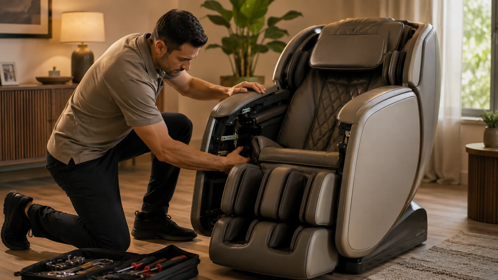 A service technician checking a massage chair's mechanism at home