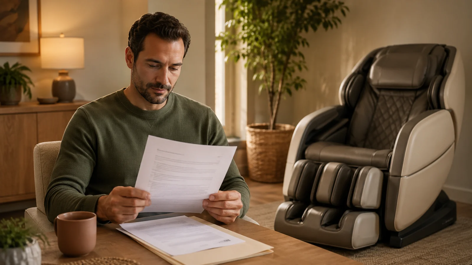 A buyer reviewing a written warranty and service document beside a massage chair