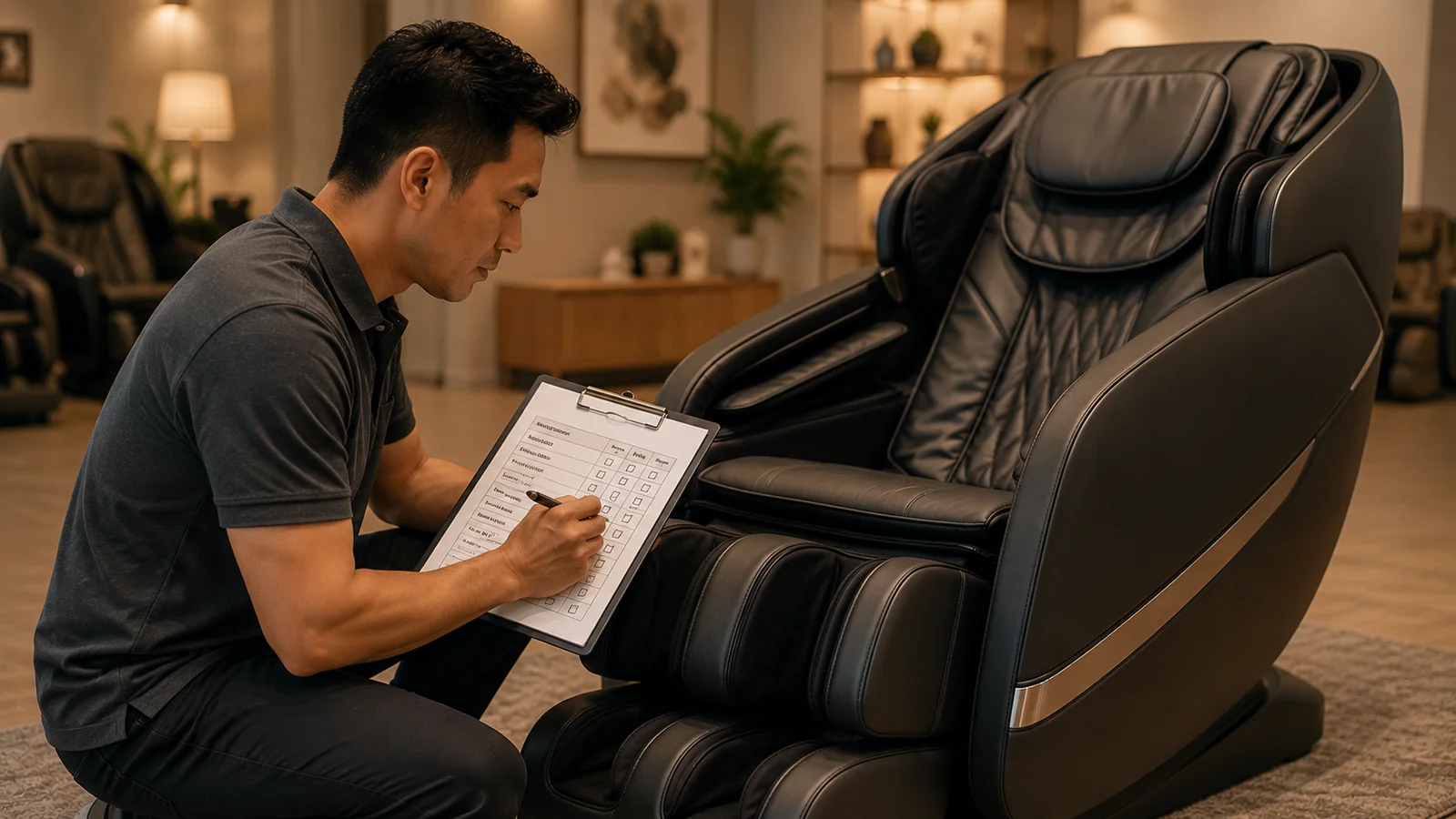 Evaluating a massage chair against a consistent written checklist