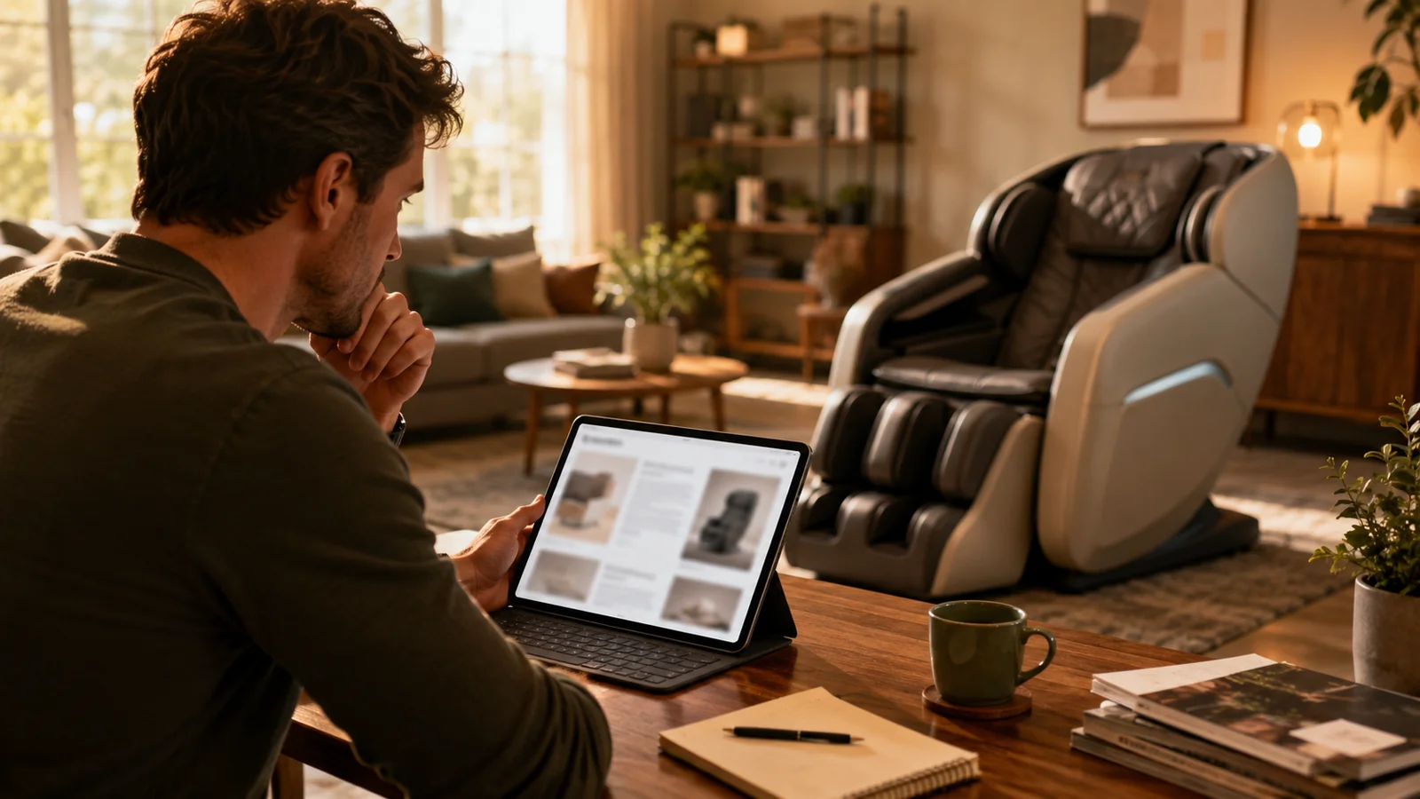 A person comparing massage chair reviews on a tablet near a massage chair at home