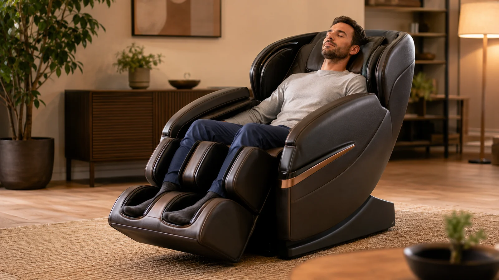 A person reclined in a massage chair checking how their legs and back fit