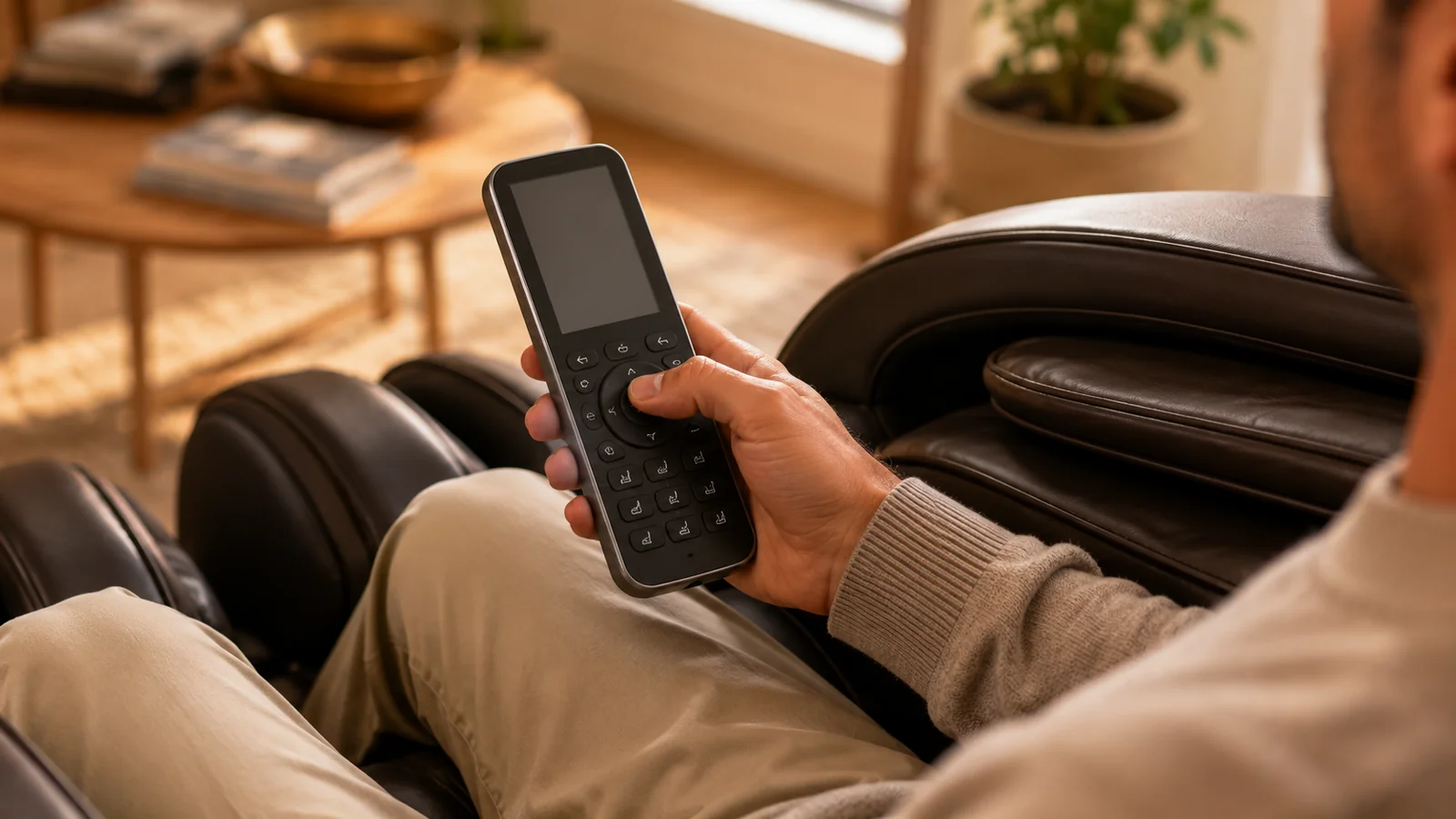 A person using a massage chair's handheld remote to test its programs