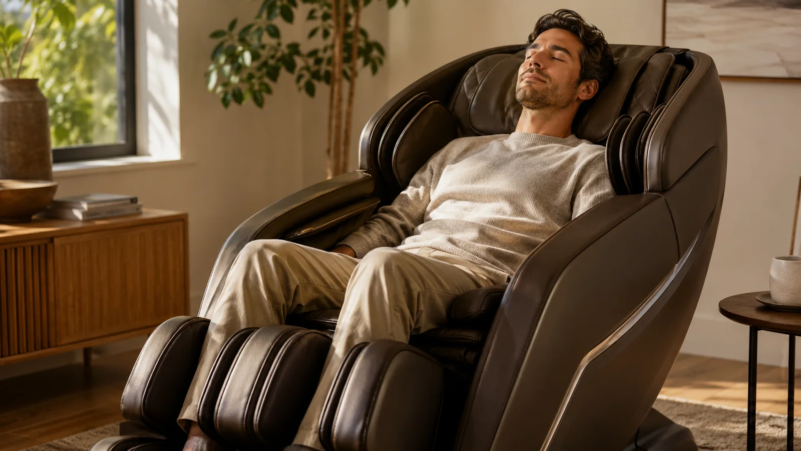 A person reclined and relaxed while trying a massage chair at home