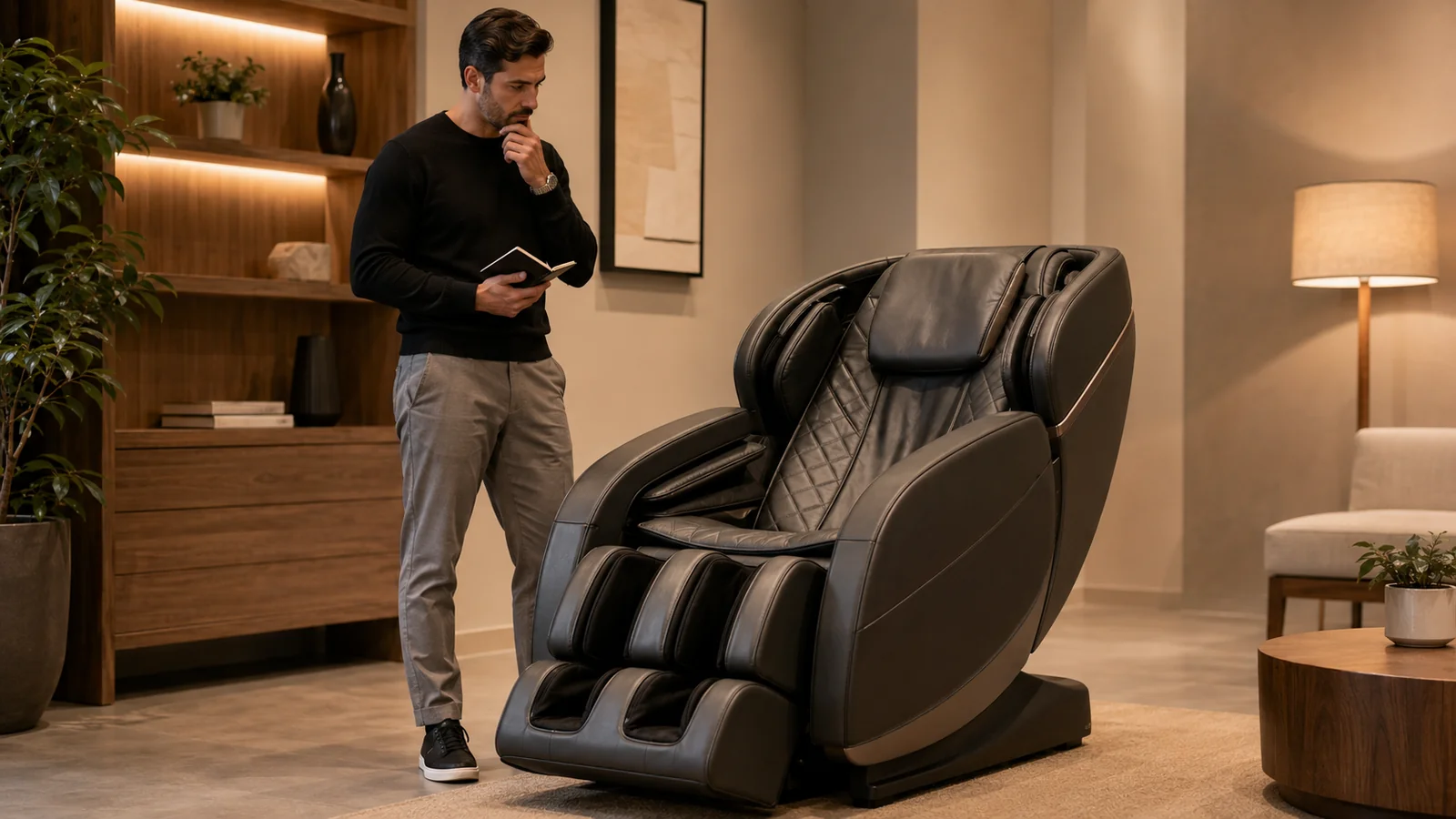 A person beside a massage chair taking notes while evaluating it on a visit