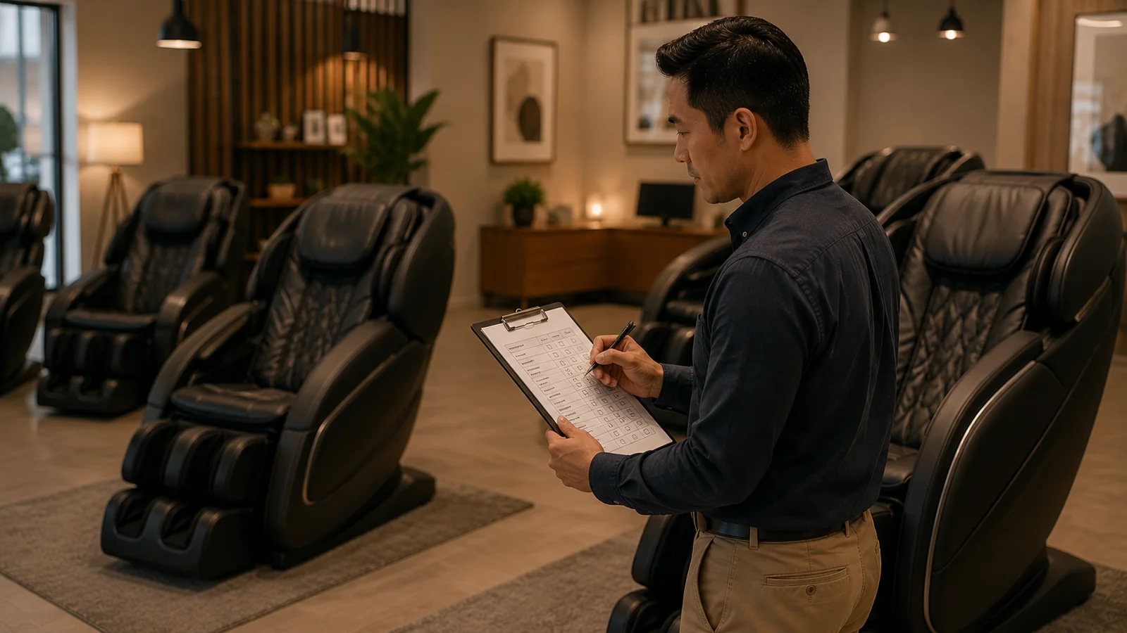 Assessing a showroom and its massage chairs against verification criteria
