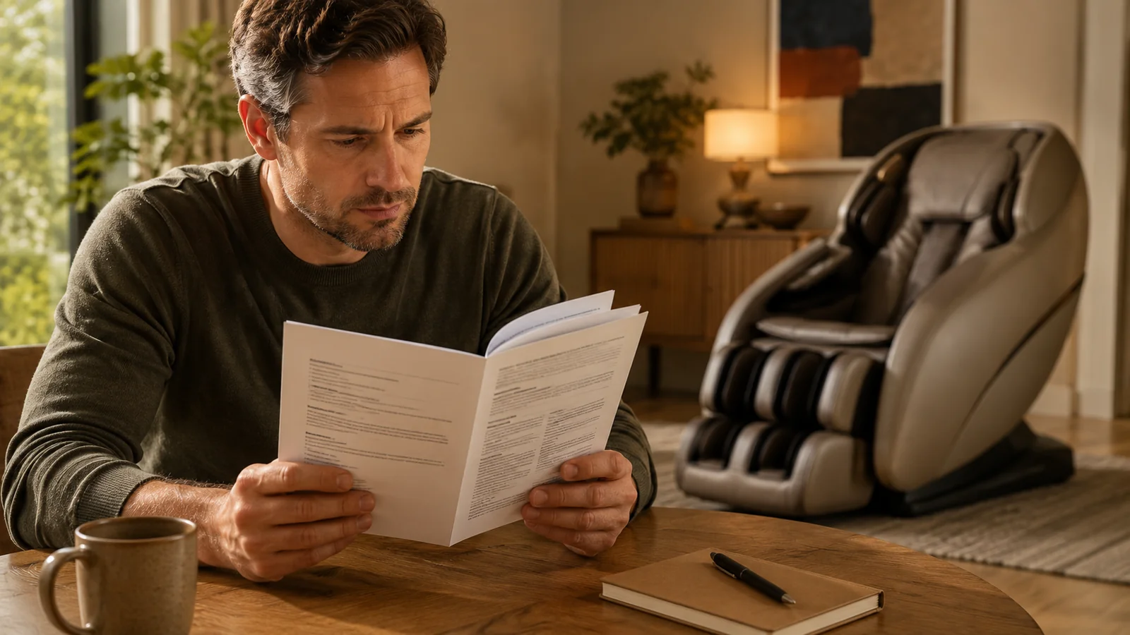 A person reading a massage chair warranty booklet to understand its coverage