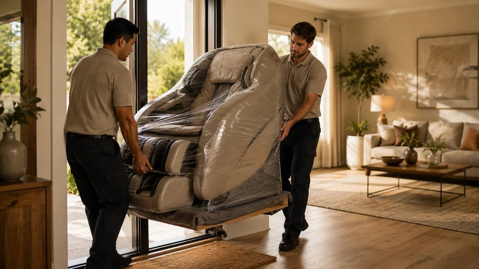 A delivery crew carrying a wrapped massage chair into a home